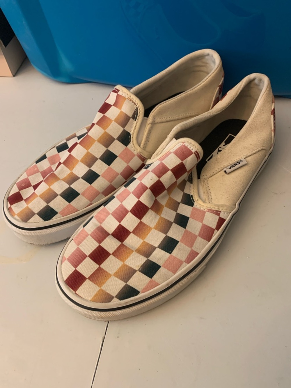 Vans Slip-On Checkerboard Sneakers in Red, Pink, Yellow and Green